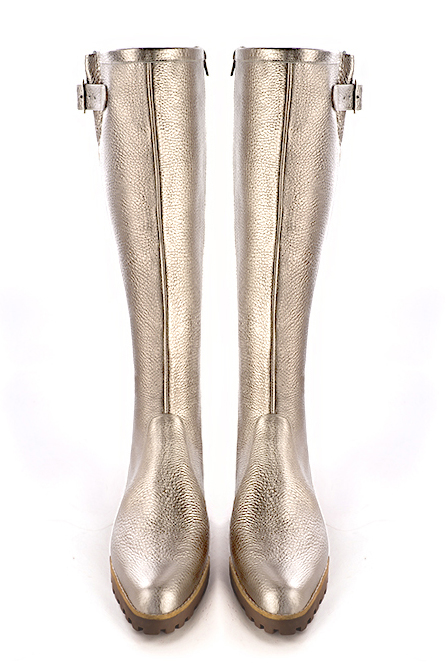 Tan beige women's knee-high boots with buckles.. Made to measure. Top view - Florence KOOIJMAN